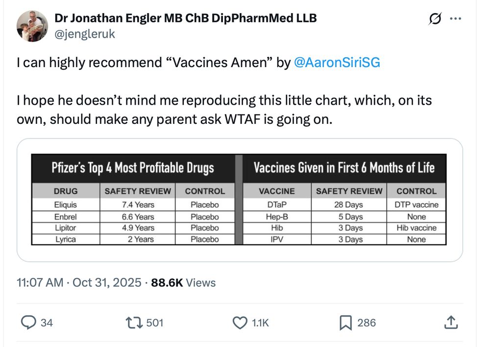 I can highly recommend “Vaccines Amen” by 
@AaronSiriSG


I hope he doesn’t mind me reproducing this little chart, which, on its own, should make any parent ask WTAF is going on.
Tweet link: https://x.com/jengleruk/status/1984321343945400760