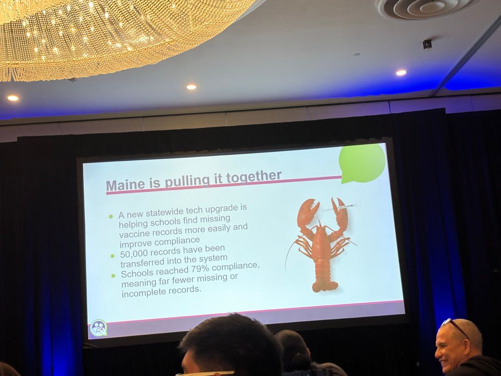 Picture of lobster and discussion of Maine using technology to increase vaccine rates. 