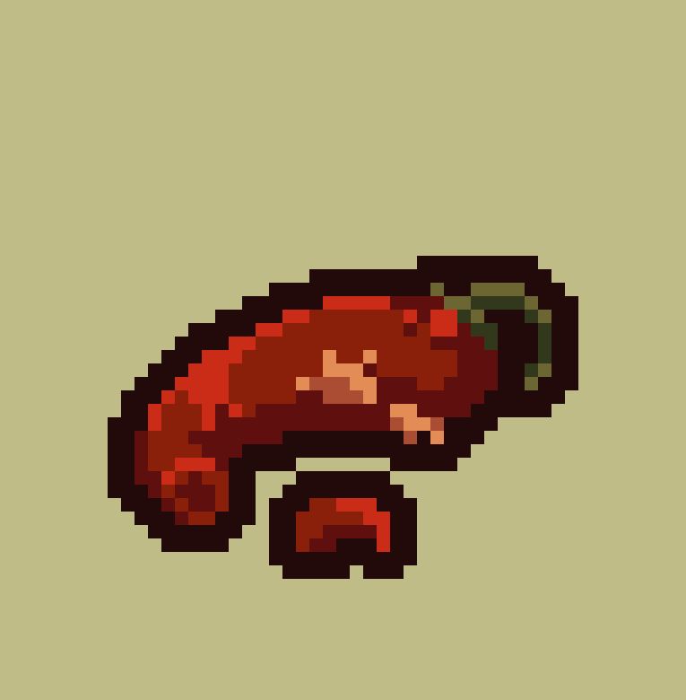 Pixel art of the defeated chilli pepper lying on the ground with chopped off tail and tousled moustache