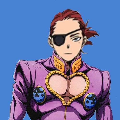 Giulio the red haired butler with an eye Patch's face photoshopped onto Giorno from Jojo part 5