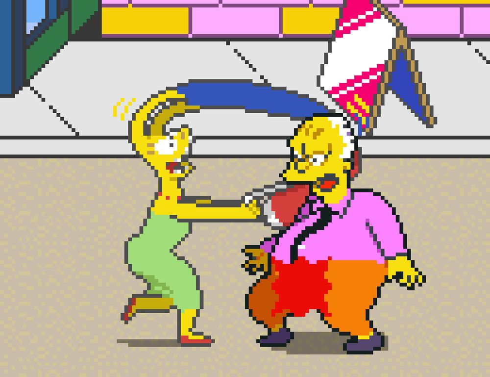 Marge's hair momentarily janked by her vacuum cleaner, revealing the bunny ears beneath. A man looks on in horror as his crotch explodes.