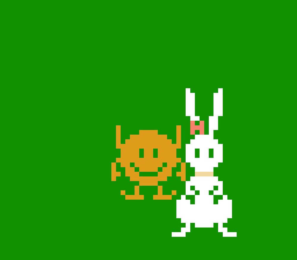 Round impish character getting up-close with the girl rabbit.