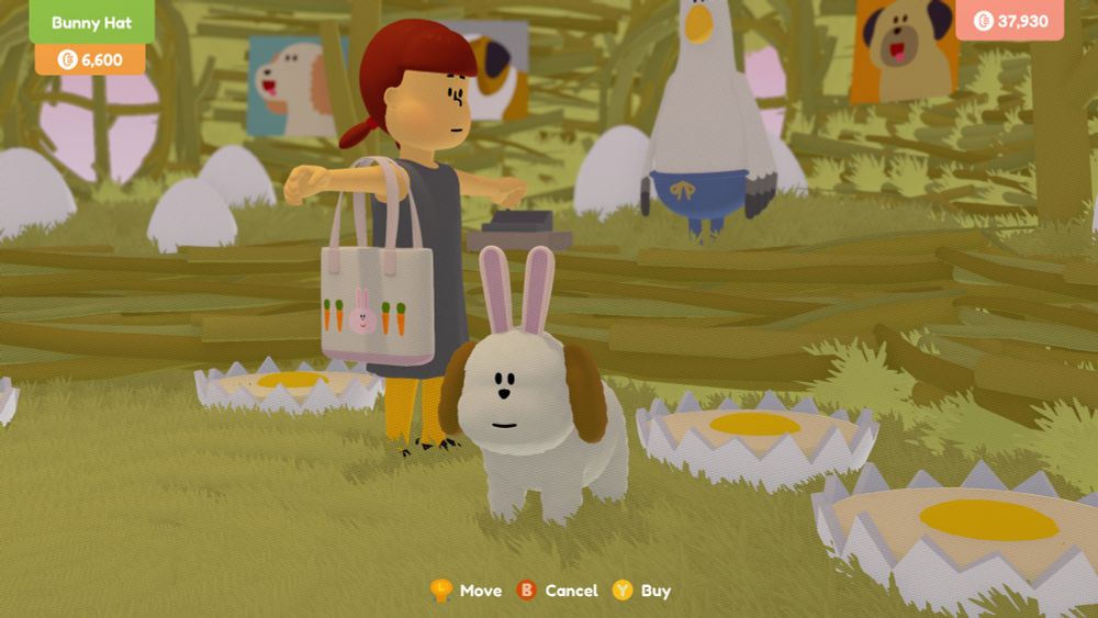 The teen and their dog in the dog hat store, trying out the bunny hat.