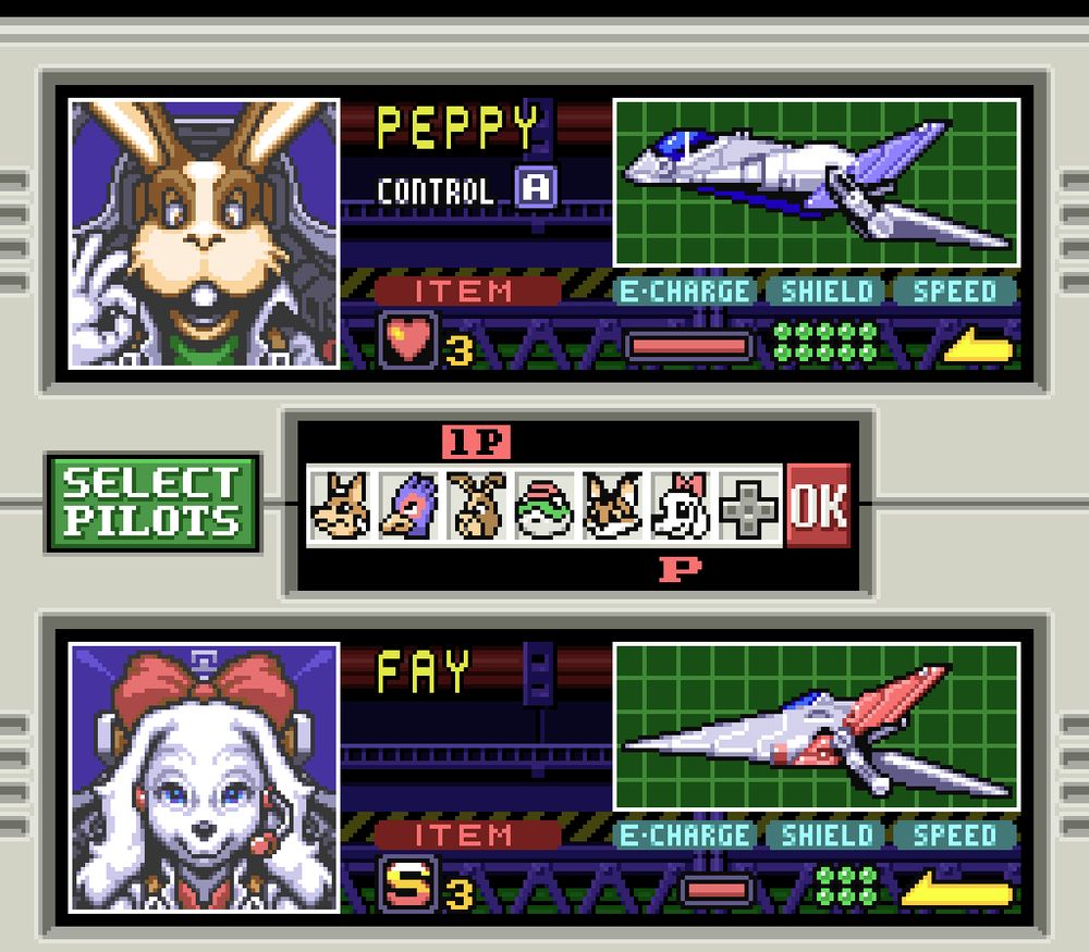 Choosing Peppy on the pilot select screen, of course Fay is my wingman.