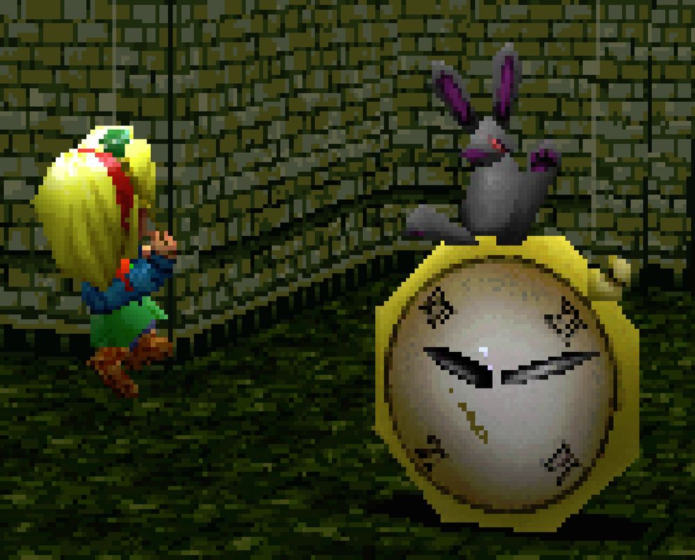 Close-up of Cecilia jumping towards Delowbunny, who's chilling on a big clock.