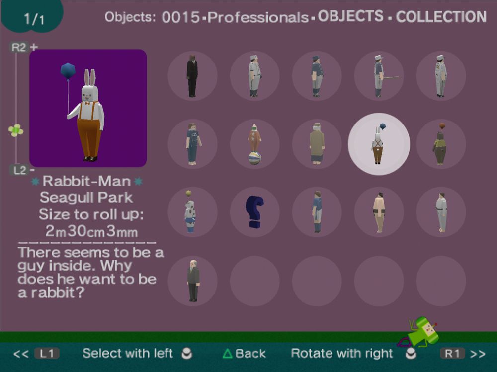 Collection log page for Rabbit-Man, the info blurb stating:
"There seems to be a guy inside. Why does he want to be a rabbit?"

Why wouldn't you?