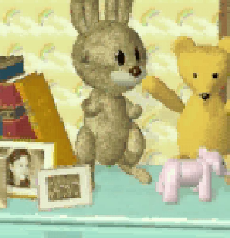 Close-up of the bunny plush coming to life in the opening cutscene.