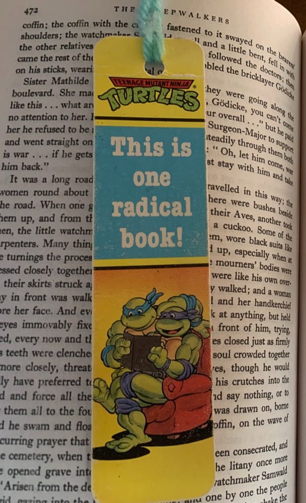 A bookmark of Donatello from TMNT reading a book as Leonardo looks over his shoulder, with the text "This is one radical book!"  The book in question, for the record, is Hermann Broch's Sleepwalkers.