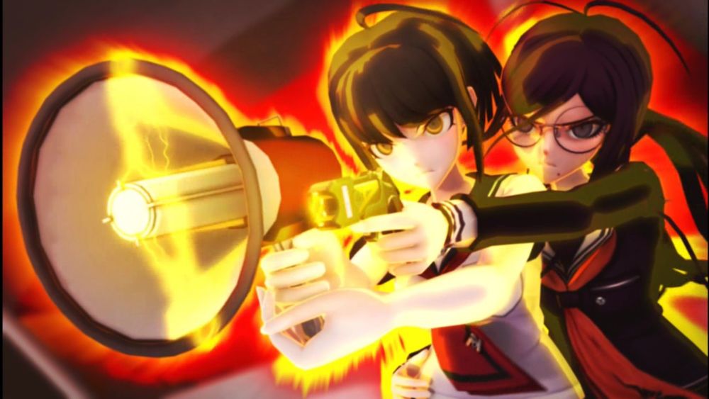Komaru Naegi and Toko Fukawa delivering the final blow against Big Bang Monokuma in Danganronpa Another Episode: Ultra Despair Girls