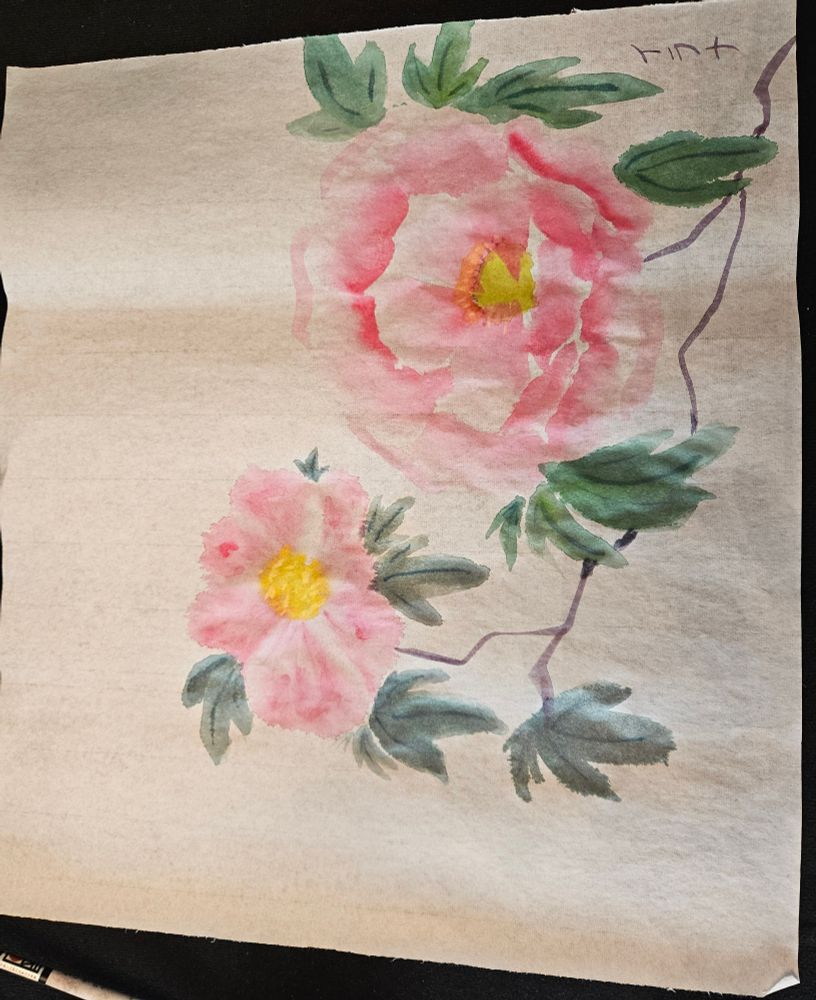 2 Pink peonies painted in watercolor based on the traditional Japanese sumi-e style.