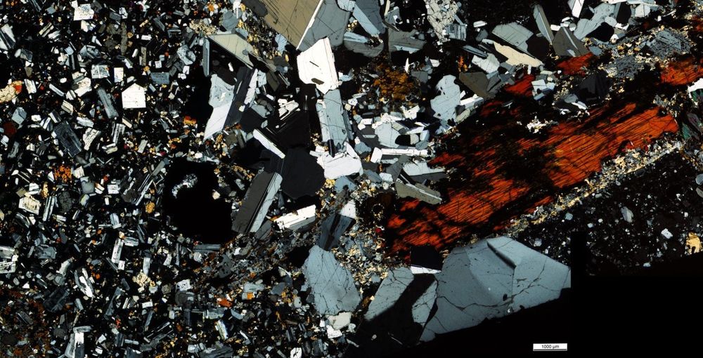 A rock in thin section viewed under the microscope. 