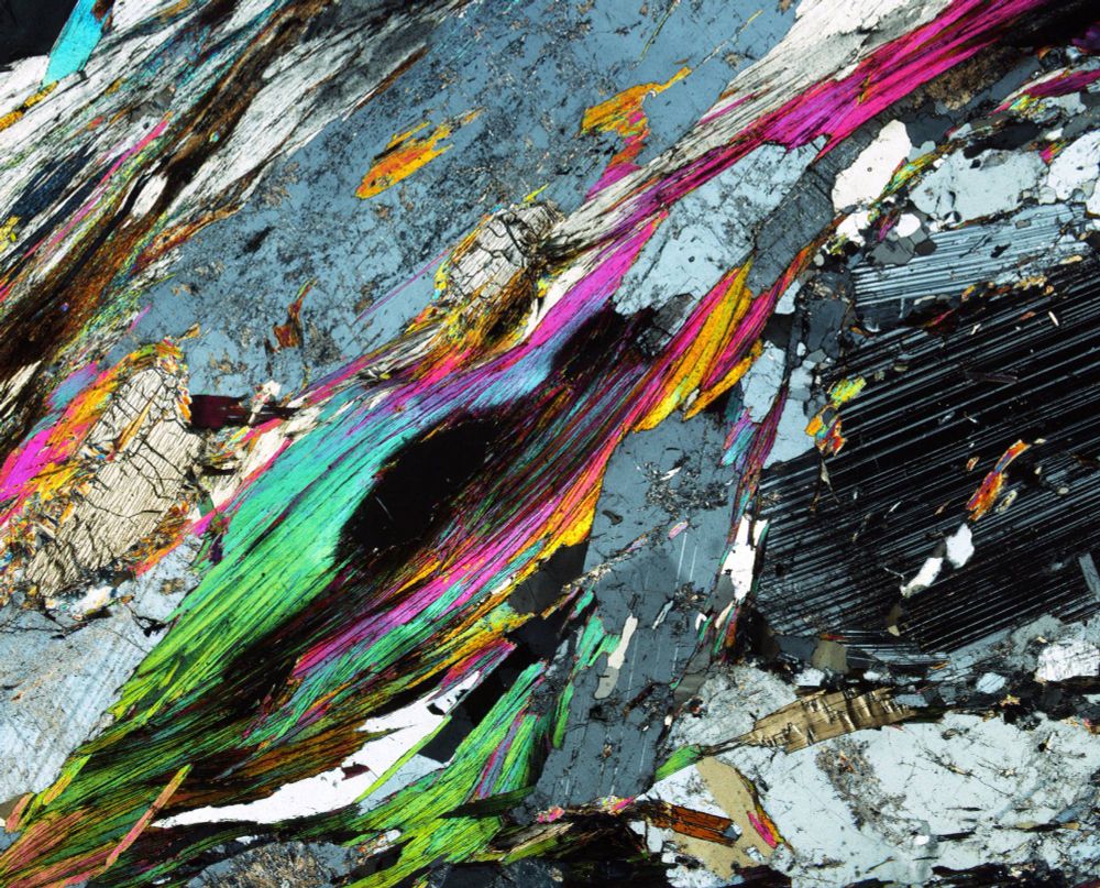 An image of a rock in thin section, displaying crystals of various minerals (kyanite, sillimanite, muscovite, chlorite, plagioclase). A schistose texture is observed, with the muscovite being aligned and appearing to 'flow' from top right to bottom left of the image. 
