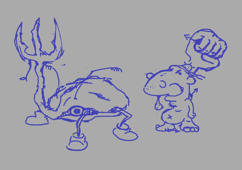 "Pitchfork Beetle, Duranga": On the left a rock shaped insect, with 4 bug legs, with boots for feet, and a large, pitchfork like horn.

"Brave Elite Awesome Goblin: On the right, a little goblin with a giant nose, with some warts, and snot coming out of it, dot eyes, a small bump on his head, with a big belly and feet.