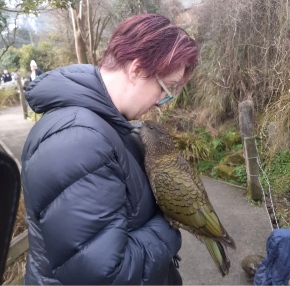 Me with a kea on my wrist, nibbling my jacket 