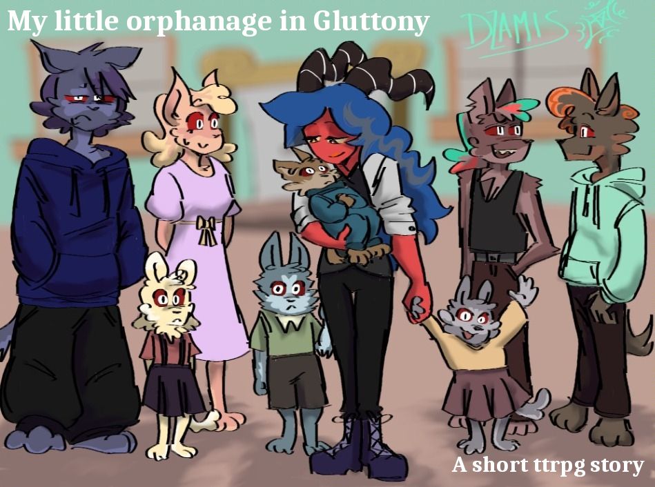 Image of a orphanage in the Ring of Gluttony with hellhound teens and kids and the imp woman in charge (#HelluvaBoss)