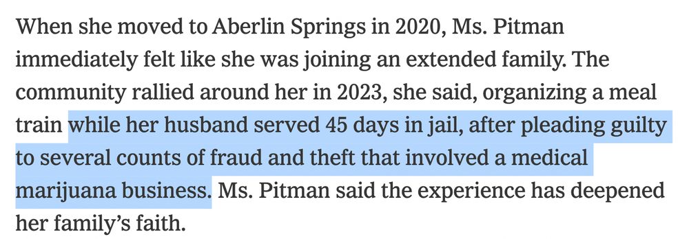 When she moved to Aberlin Springs in 2020, Ms. Pitman immediately felt like she was joining an extended family. The community rallied around her in 2023, she said, organizing a meal train while her husband served 45 days in jail, after pleading guilty to several counts of fraud and theft that involved a medical marijuana business. Ms. Pitman said the experience has deepened her family's faith.
