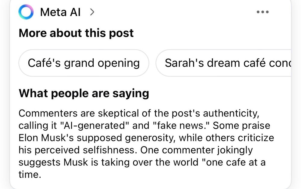 • Meta Al >
More about this post
Café's grand opening
Sarah's dream café con‹
What people are saying
Commenters are skeptical of the post's authenticity, calling it "Al-generated" and "fake news." Some praise Elon Musk's supposed generosity, while others criticize his perceived selfishness. One commenter jokingly suggests Musk is taking over the world "one cafe at a time.