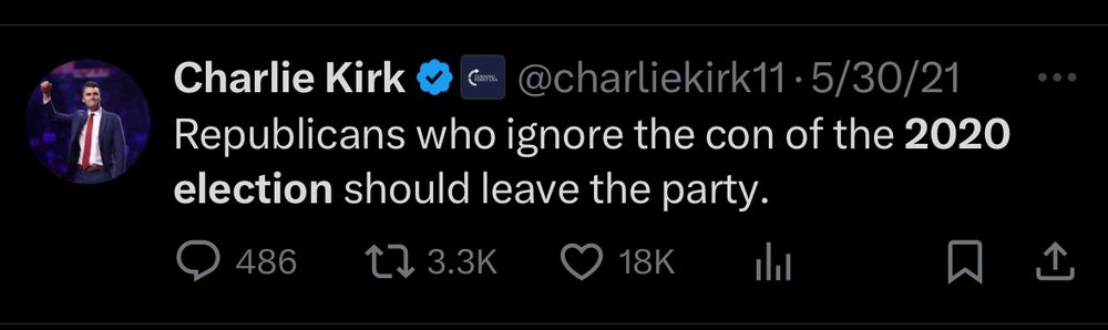Charlie Kirk
@charliekirk11•5/30/21
Republicans who ignore the con of the 2020 election should leave the party.
486
17 3.3K
18K
ill
贝
...
