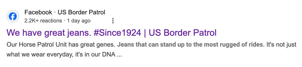 Facebook • US Border Patrol
2.2K+ reactions • 1 day ago
We have great jeans. #Since 1924 | US Border Patrol
Our Horse Patrol Unit has great genes. Jeans that can stand up to the most rugged of rides. It's not just what we wear everyday, it's in our DNA ...