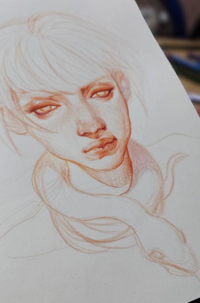 Sketch using orange and red colored pencils of a woman with a snake wrapped around her neck.