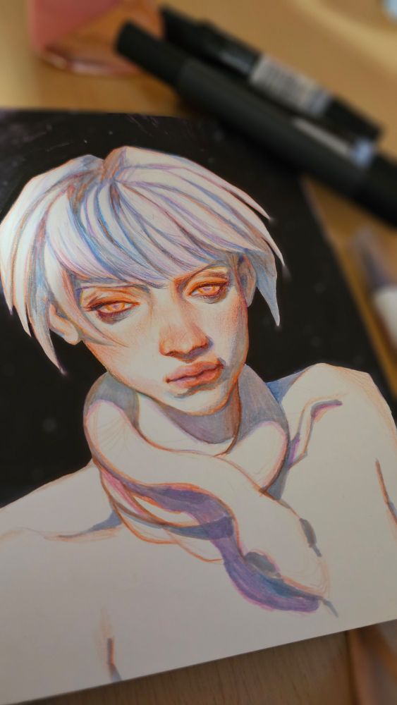 Traditional drawing of a woman with white hair and a white snake wrapped around her neck. Shadows on the artwork are shaded in tones of blue and purple, while her face and highlights glisten with orange hues. 