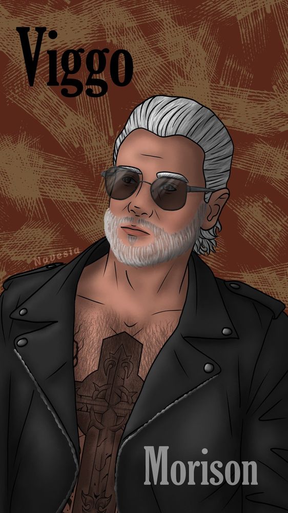 Fanart personnage fictif d'un serveur gta rp, 21 jump click. C'est un homme cheveux blanc, barbe blanche, il porte des lunettes de soleil. Avec une veste un cuire noir et torse nu en dessous, on peut voir son tatouage à son torse en forme de croix. Le personnage est Viggo Morison. 