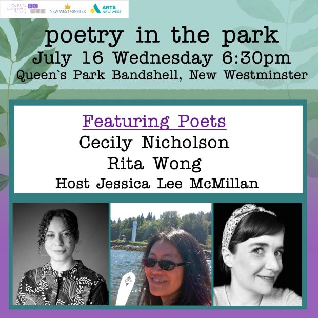 poetry in the park
July 16th Wednesday 6:30pm
Queen's Park Bandshell

Pictures of poets on green and purple ombre flyer with leaves on the left. 