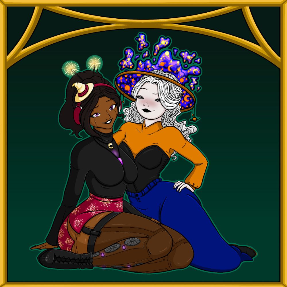 Within this bordered picture are two ladies sitting together. 
The lady on the left has dark brown hair and a darker skin tone. She's wearing sparklers in her tied up hair and wearing headphones with a witch hat on them. Furthermore she is wearing a dark long sleeve top, a red ish pink skirt with tights underneath and black leather boots. In her legs you can see fans, for this lovely lady is actually an android. 

The lady on the right has very pale skin and white hair. The white of her eyes black, the eyes itself white and her pupils black again. The sign of a changeling in Pathfinder. She is wearing blue trousers with black leather shoes and corset, under which she is wearing a yellow long sleeve top. She is wearing a witch hat made of her magic. What looks to be some kind of halo is being held up by space magic. 