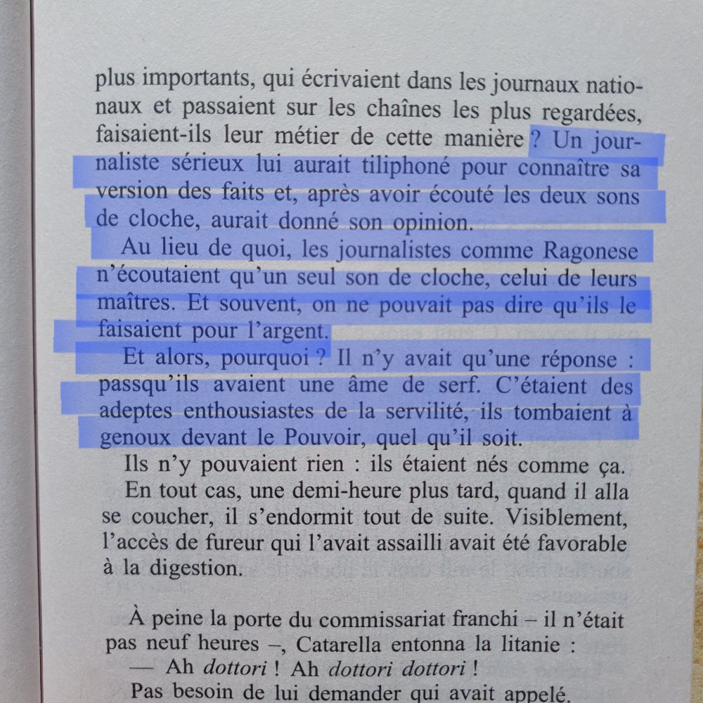 Un journaliste sérieux lui aurait tiliphoné pour connaître sa version des faits et, après avoir écouté les deux sons de cloche, aurait donné son opinion.

Au lieu de quoi, les journalistes comme Ragonese n'écoutaient qu'un seul son de cloche, celui de leurs maîtres. Et souvent, on ne pouvait pas dire qu'ils le faisaient pour l'argent.
