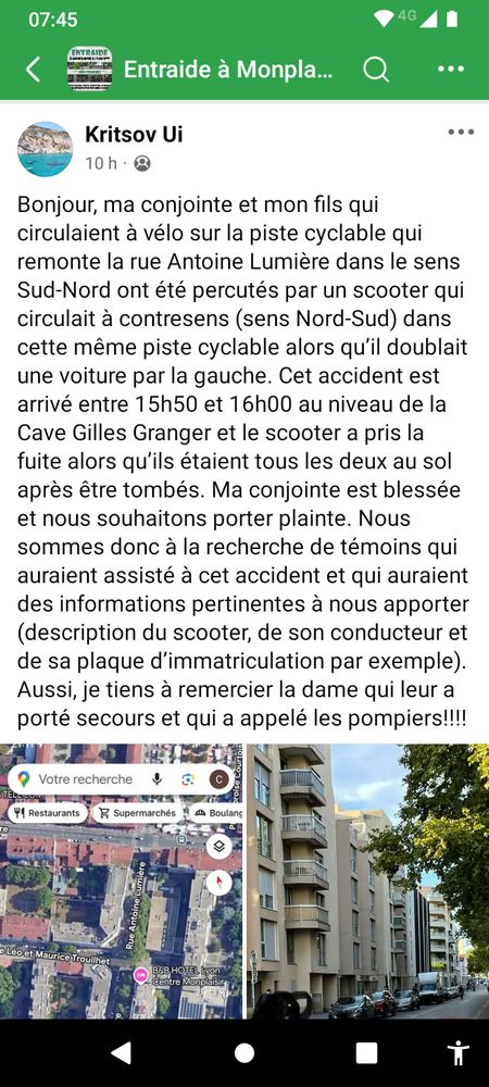 Copie d'un message sur FB décrivant l'accident survenu hier entre 15h50 et 16h00 rue Antoine Lumière à la hauteur de la boutique du caviste.