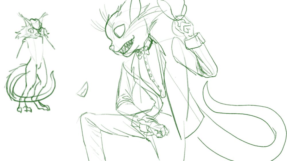 고양이 형태의 수인 캐릭터가 그려져 있다. 왼쪽에는 중절모를 덮어쓴 머리에서 어깨까지의 형태와 꼬리를 비롯한 하체 형태가, 오른쪽에는 머리에서 허벅지 즈음까지 정장을 갖춰 입은 모습이 그려져 있다.