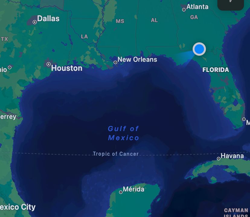 Cropped view from Apple Maps of the US Gulf Coast, Mexico, and Cuba, with Gulf labeled Gulf of Mexico.