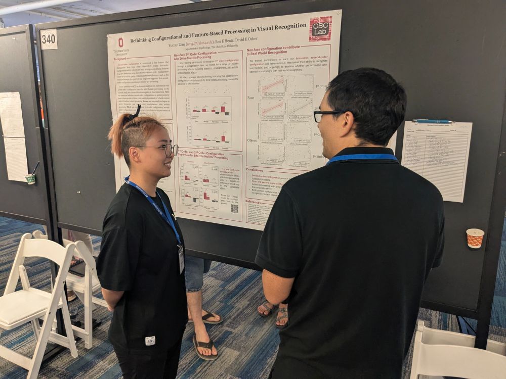 Yuxuan chats with a fellow VSS attendee in front of her poster, entitled "Rethinking configurational and feature-based processing in visual recognition".