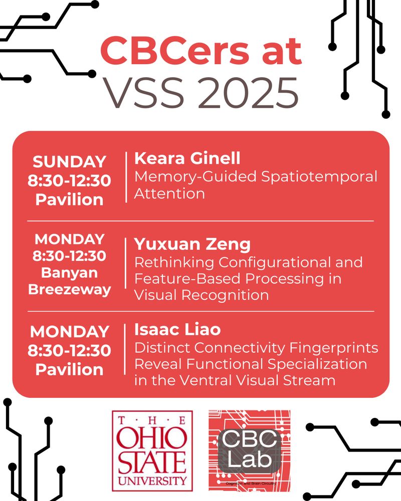 An infographic with a white background and motherboard wiring-esque elements in each corner.  The heading reads "CBCers at VSS 2025", and the body lists off the day, time, location, presenter, and poster title.  From top to bottom, the body reads: "Sunday, 8:30-12:30, pavilion, Keara Ginell, Memory-Guided Spatiotemporal Attention.  Monday, 8:30-12:30, Banyan Breezeway, Yuxuan Zeng, Rethinking Configurational and Feature-Based Processing in Visual Recognition.  Monday, 8:30-12:30, pavilion, Isaac Liao, Distinct Connectivity Fingerprints Reveal Functional Specialization in the Ventral Visual Stream."  The Ohio State logo and the CBC lab logo share the final remaining space at the bottom.