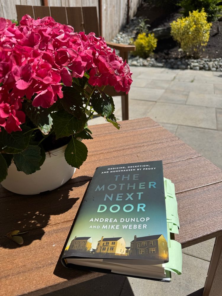 Photo of the book The Mother Next Door on a patio table with flowers in the background. 