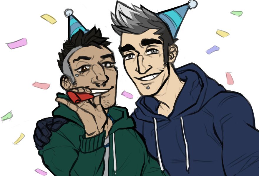 Blake and Jerek in party hats celebrating a birthday. They are both smiling, Jerek's hand is on Blake's shoulder and Blake is blowing a noise maker. There is confetti in the air. This image is to celebrate the birthday of my best friend BaneWade ! 