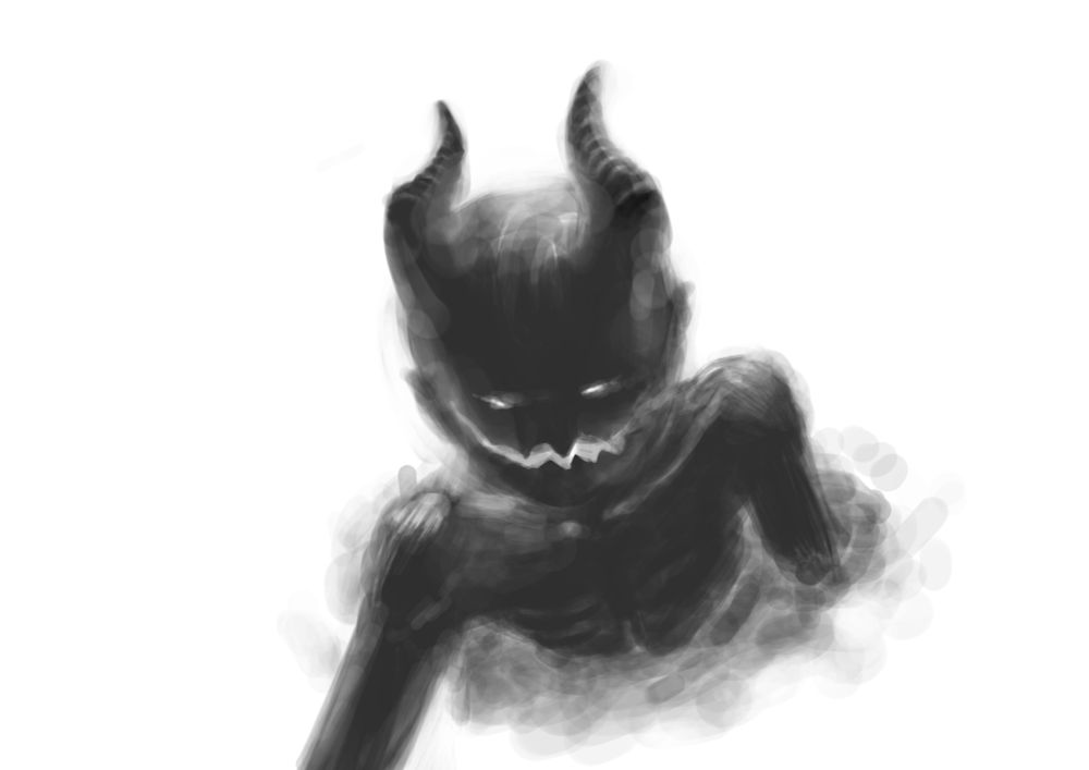 black and white illustration of a dark devilish creature coming out of the white background with an evil smile.
