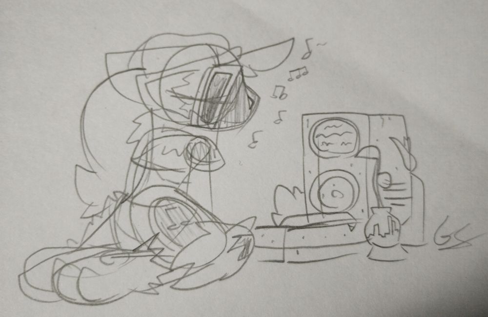 Pheobe kneeling next to her father's tombstone, quietly singing to it

The tombstone is shaped like a speaker, the top "driver" is replaced by the usual tombstone text you'd find