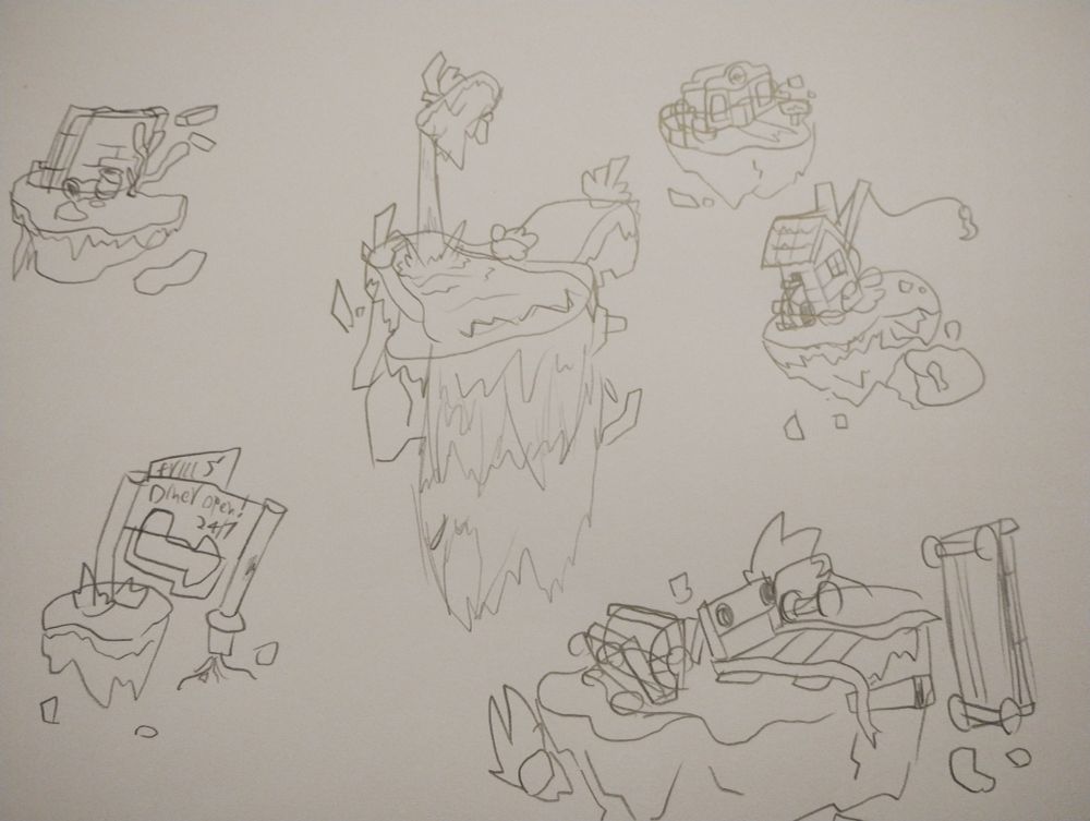 Examples of sky islands, one of a dried out ocean wall, a broken neon sign advertising "frills's diner", two waterfall islands, a fully functional Pokémon center, an old wooden crane and old minecart buffer beam.