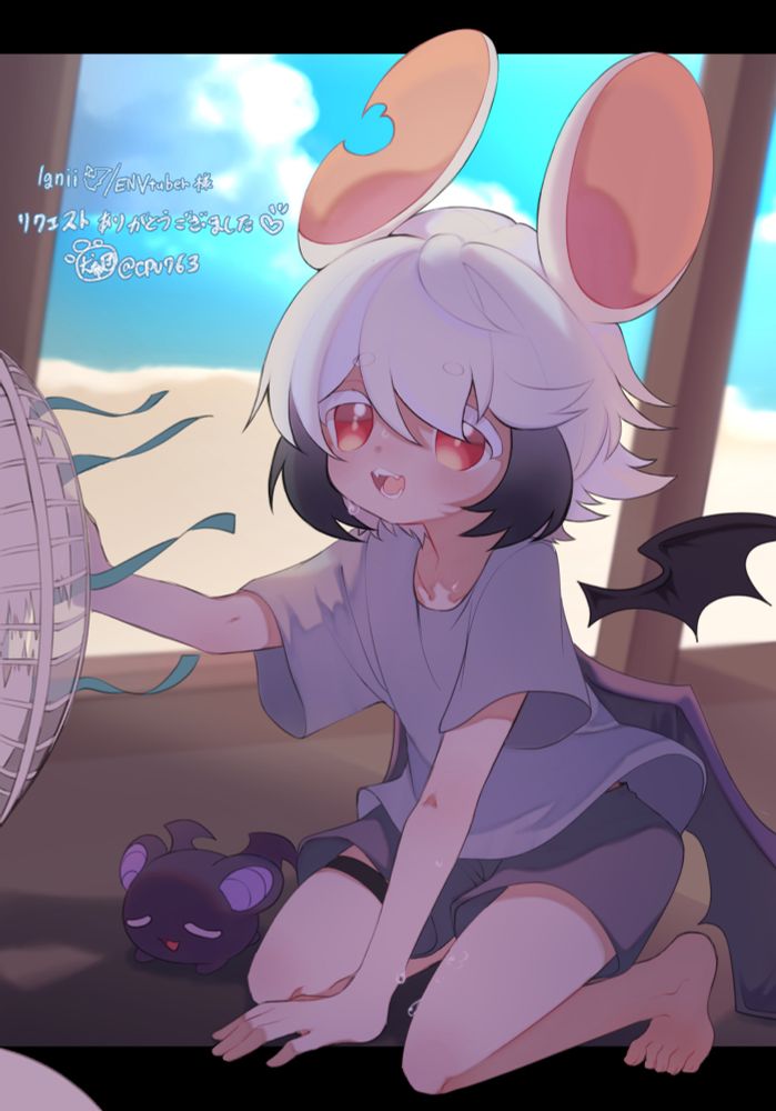 Ignii the bat boy vtuber and his bat mascot sweating at the beach trying to cool off in front of a fan 