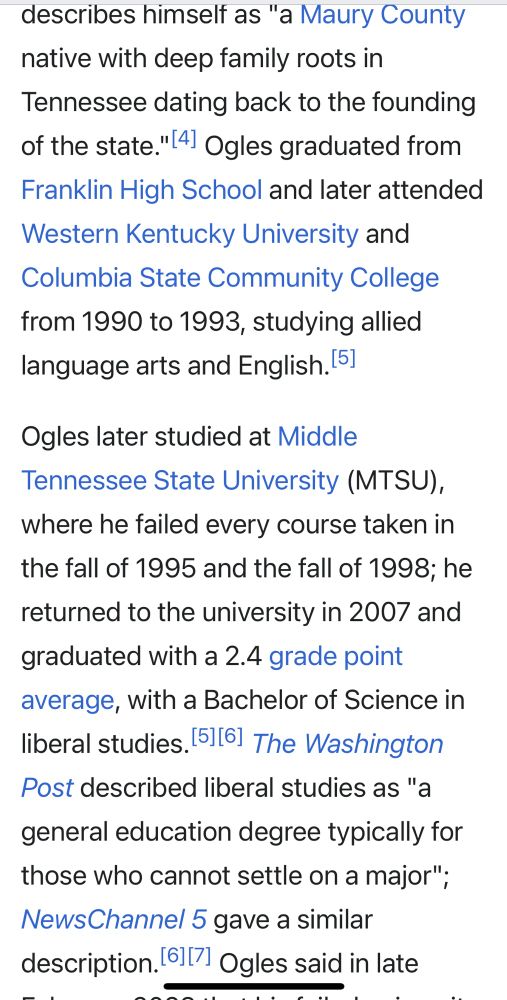 Wiki page detailing Ogles’ failing performance at multiple colleges