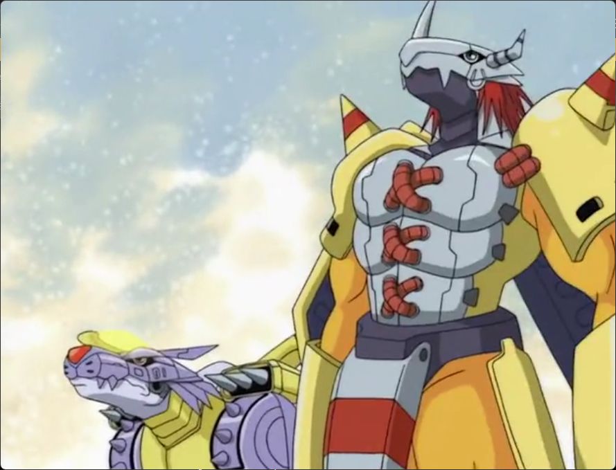 WarGreymon and MetalGarurumon, the Chosen Children's two Mega-evolved Digimon. (No, Pokémon did not steal the term. In fact, they're called Ultimate [究極体] in Japanese, while Ultimate as stated in English localizations is actually Perfect [完全体]. Also Pokémon's Mega Evolution in Japanese is メガシンカ, with the actual word "Mega" in Katakana.)