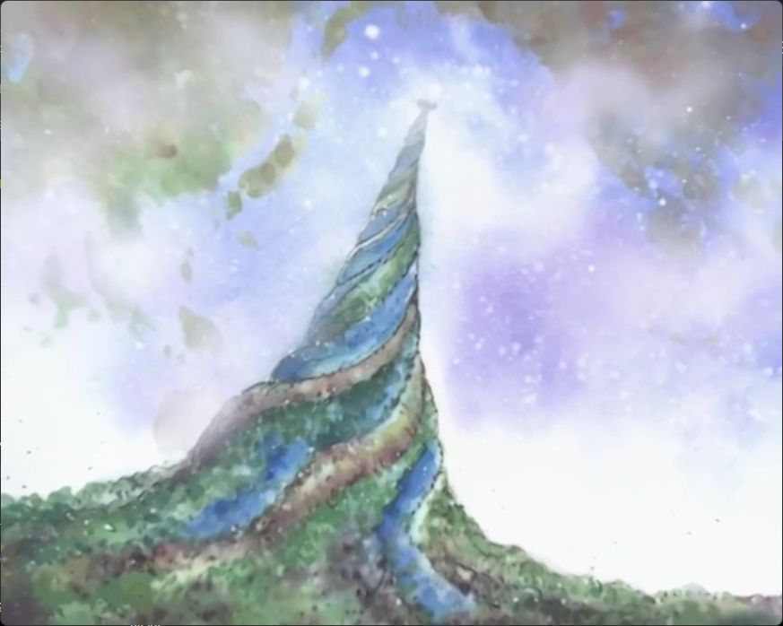 Spiral Mountain from Digimon Adventure, a whirling mountain made up of the collapsing Digital World.