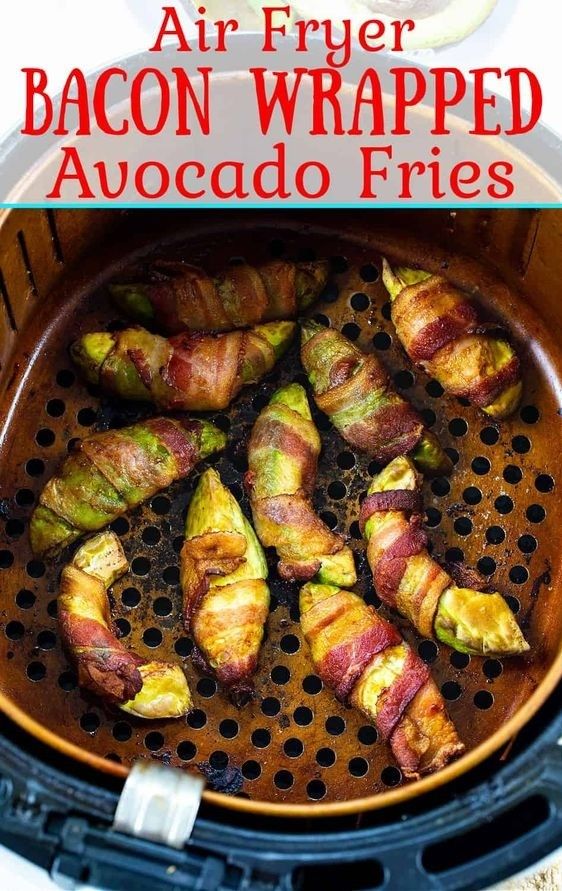 Air Fryer Bacon Wrapped Avocado Fries. For the recipe, click here: https://g602.short.gy/airfryerbaconwrappedavocadofries