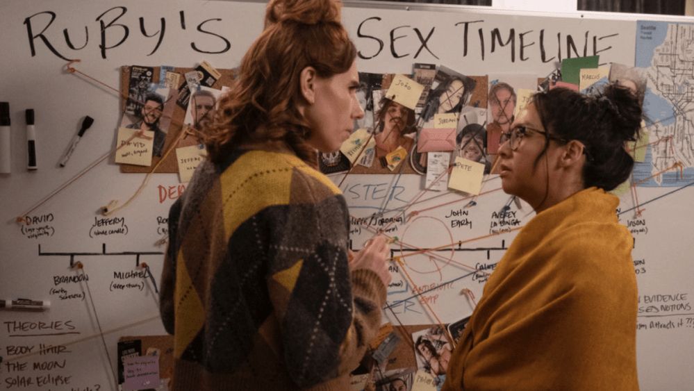 Actresses Zosia Mamet and Stephanie Hsu in a scene from the show "Laid." Their characters are wearing blankets as shawls as they stand in front of a white board with the title "Ruby's Sex Timeline" written over a murder board-esque diagram of photos of people linked to a one line graph by strings of yarn. Some of the photos have been crossed out with black marker.