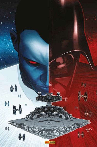 Couverture virgin avec un visage séparé en deux parties. Sur la gauche la moitié de visage bleue de Thrawn, sur l'autre celle de Darth Vader. Au premier plan un vaisseau de l'empire. Couverture Exclusive superbe de Paul Renaud.