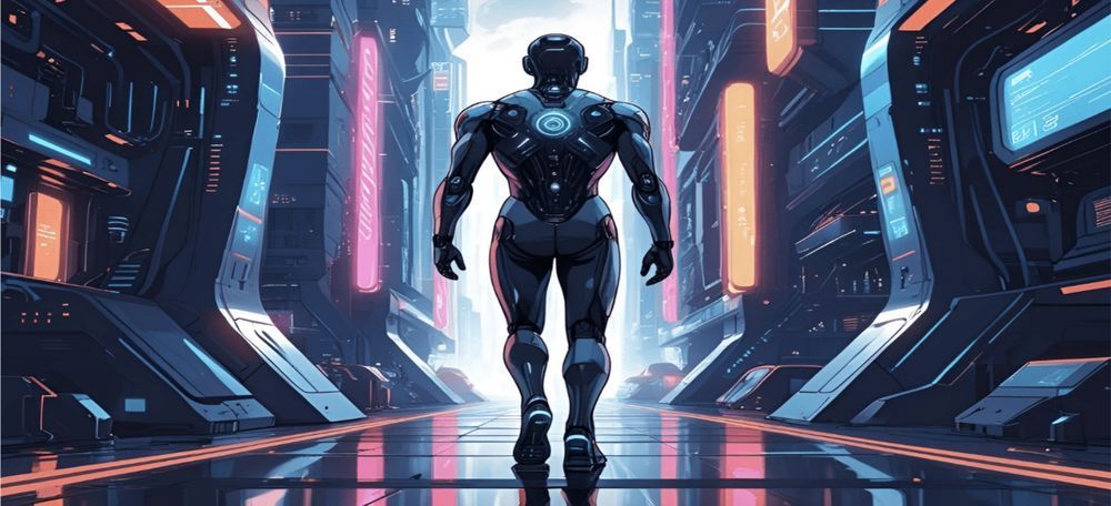 Humanoid robot walking through a futuristic landscape