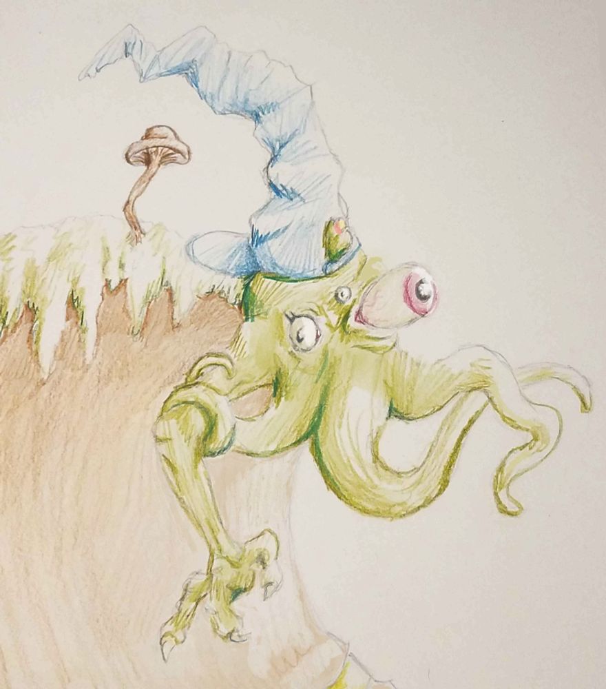 Thruggish; they are a green monster with three eyes (one more prominent than the other two), tentacles and an arm coming from their face, and moss and a mushroom growing on their back. They are wearing a tall, pointy, rumpled blue hat and a brown robe.