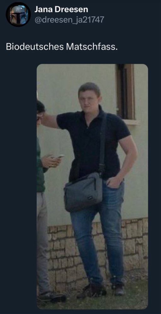 Screenshot von Shitter: ein Bild des leicht verfetteten Erik Ahrens und dem Text: Jana Dreesen @dreesen_ja21747 Biodeutsches Matschfass.
