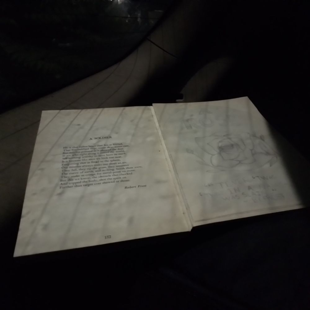 Robert Frosts' A Solder in a book of poems, on the left side of the open book, on the right side a sketch of a rose within the outline of a gravestone shaped with the above poem abbreviated to Tever Twas Twere In a Name Was Slain - By Frost